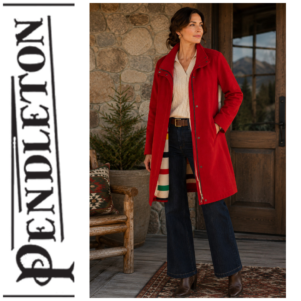 Pendleton Campbell Coat Sz L Red Wool Blend Glacier Stripe Lined Jacket